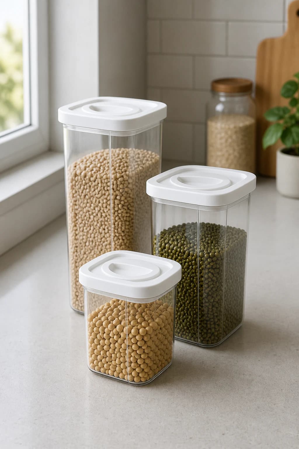 Kit DuPorto com três potes de acrílico reforçado em uma cozinha clara